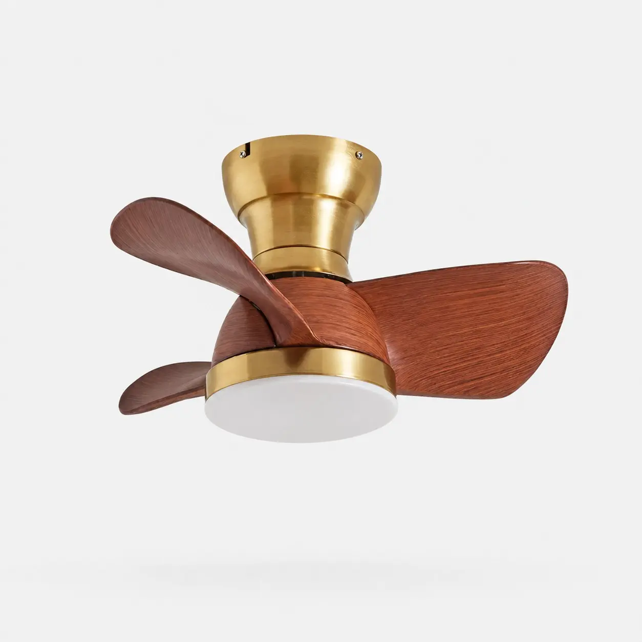 Ventilateur de plafond avec éclairage en cuivre naturel et pales imitation bois