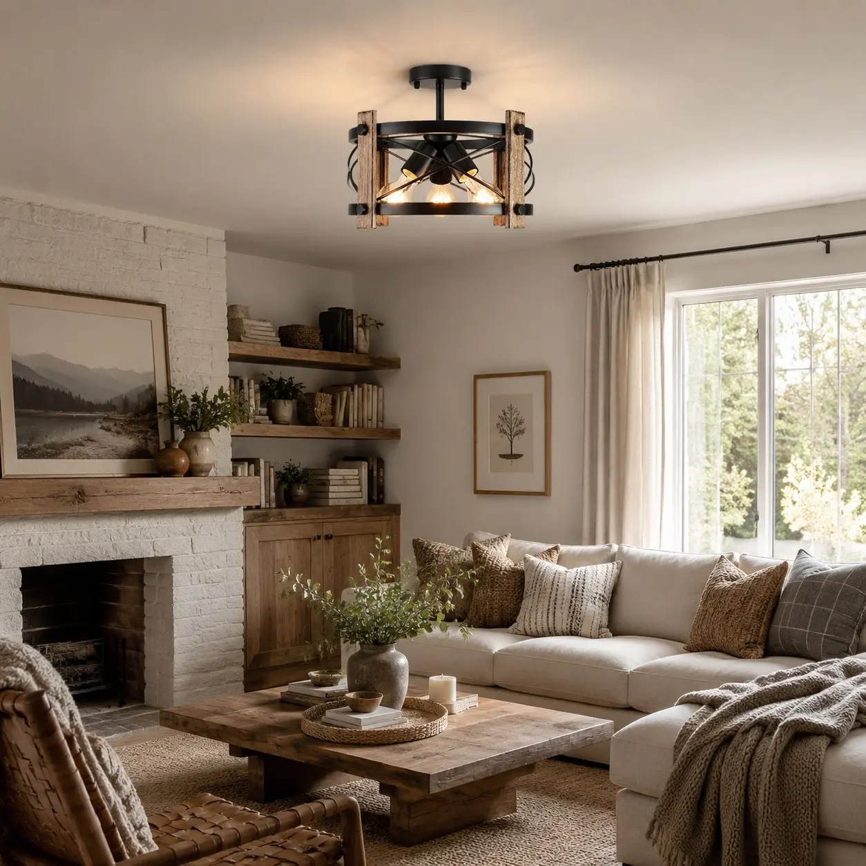 Luminaire rustique au plafond d'un salon chaleureux de style ferme