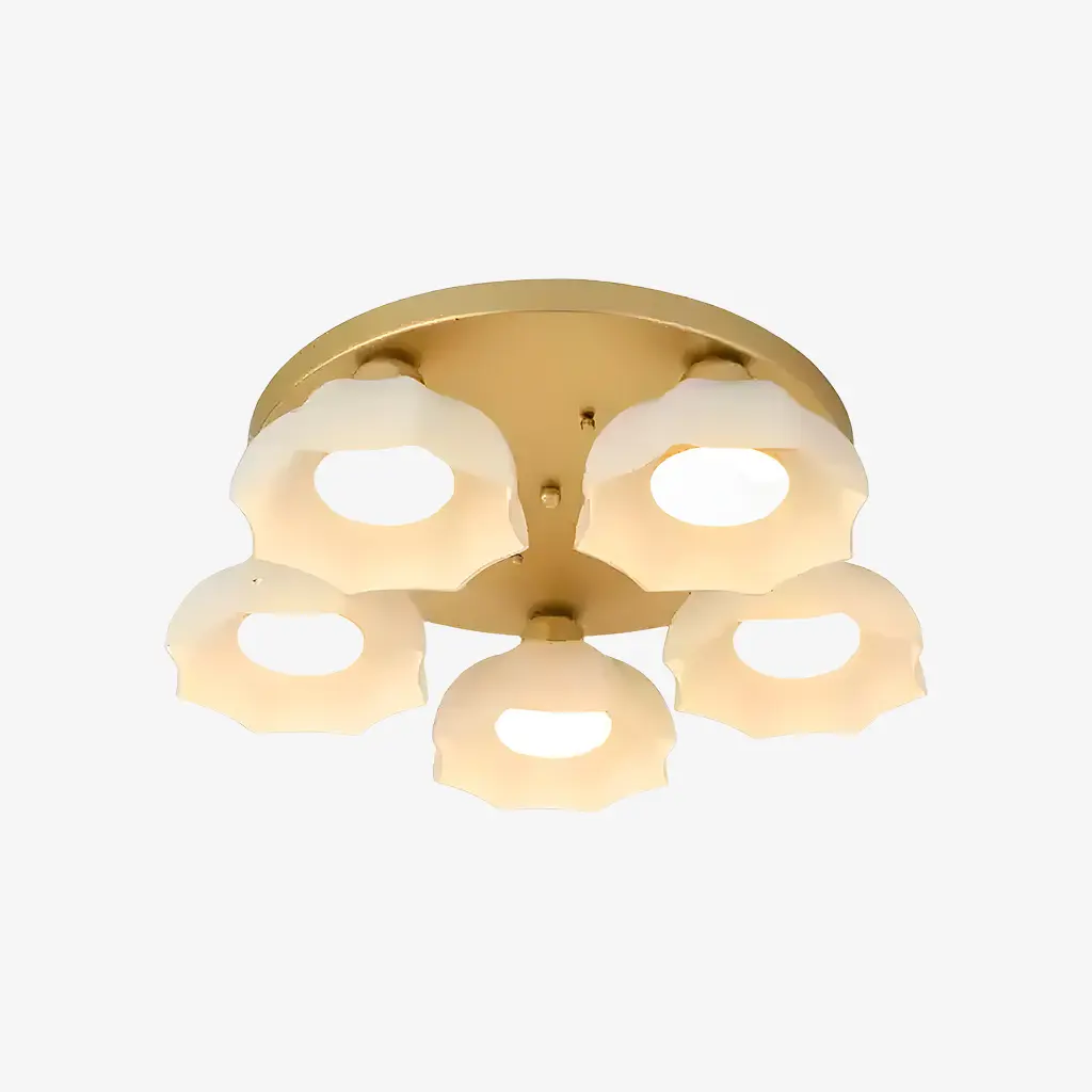 Plafonnier en verre doré et blanc à 5 têtes