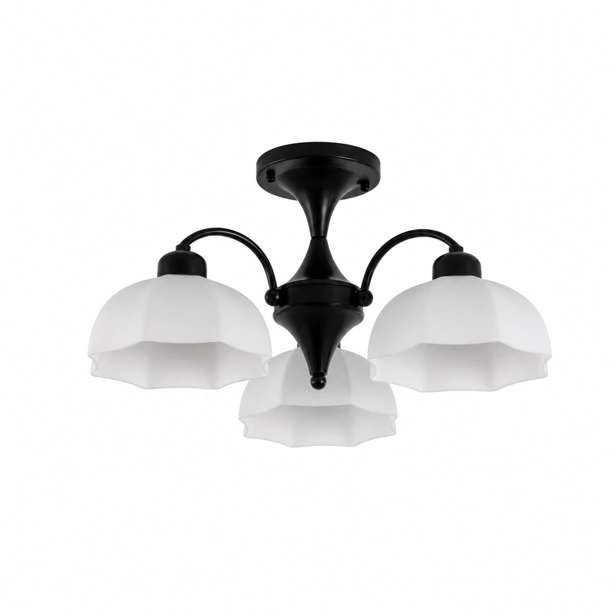 Lustre noir à trois lumières avec abat-jour en verre blanc