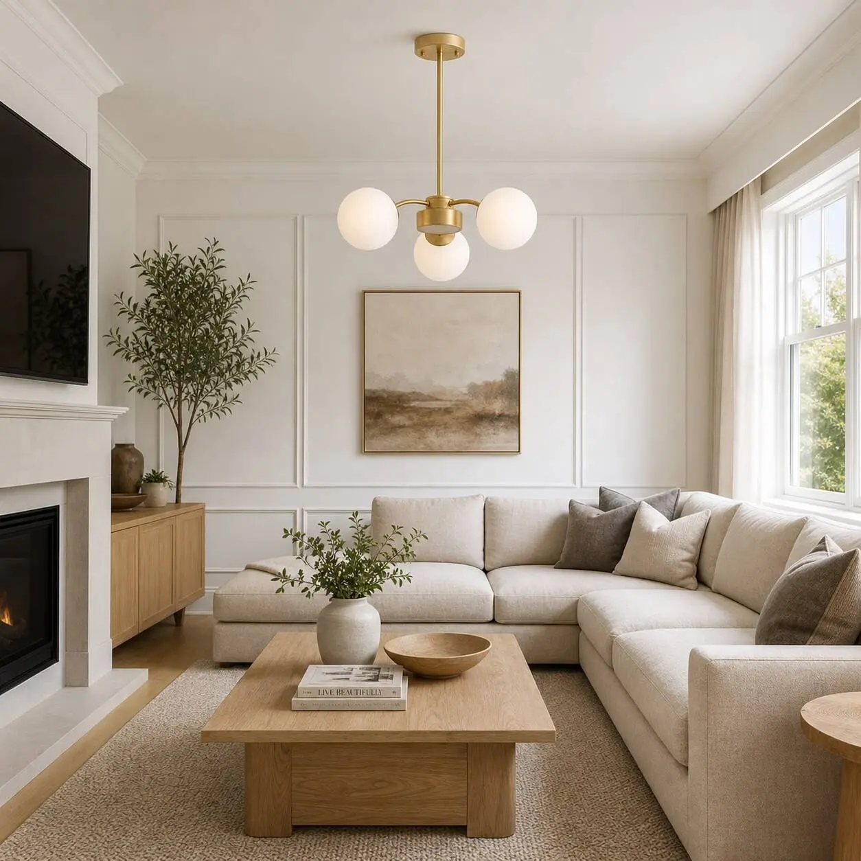 Kronleuchter aus Milchglas in einem modernen Wohnzimmer
