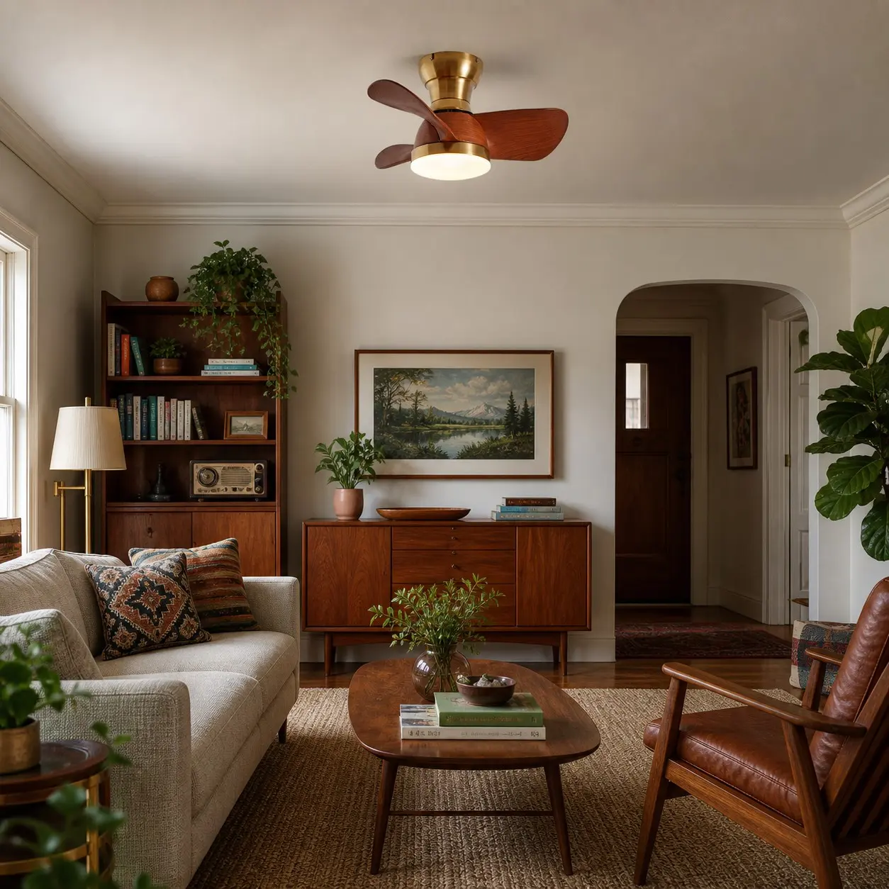 Ventilateur de plafond avec éclairage en cuivre naturel dans un salon chaleureux
