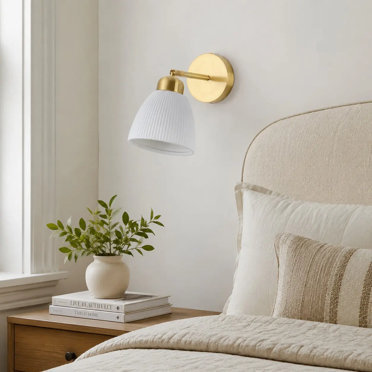 Ceramic and brass wall sconce beside a bright bedroom window