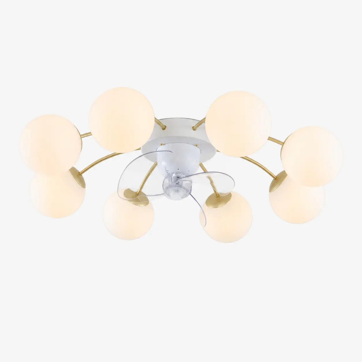 Ventilador de techo con luz, de hierro y cristal blanco y dorado, con 8 cabezales.
