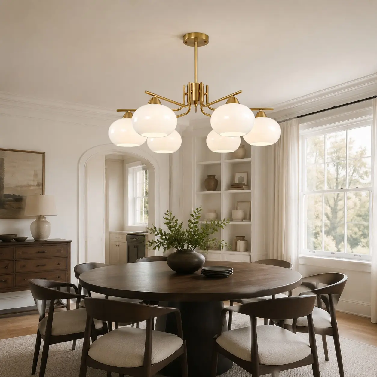 Lustre en verre opalin doré dans une salle à manger chaleureuse