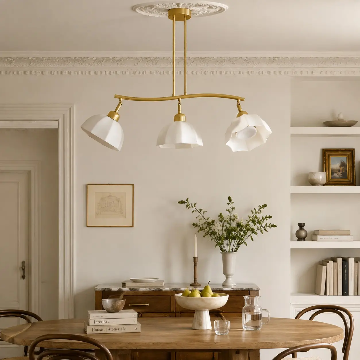 Moderner dreiflammiger Kronleuchter in warmem Interieur