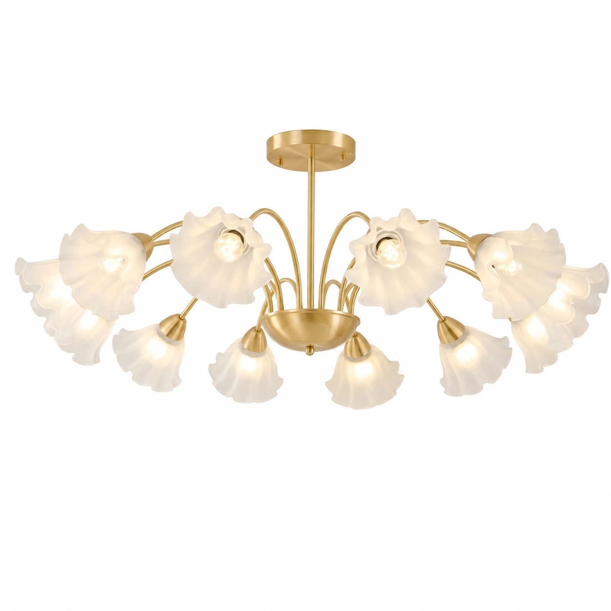 Lampadario a 12 bracci in ottone massiccio con decorazioni floreali in vetro.