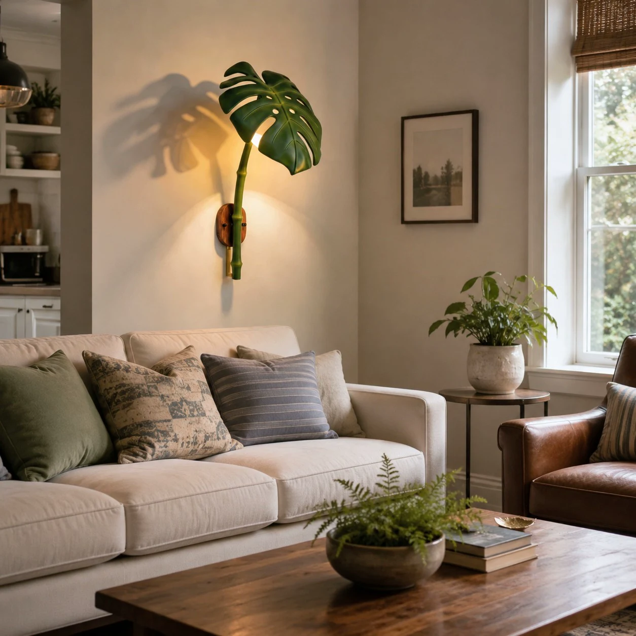 Monstera leaf wall light in a warm living space