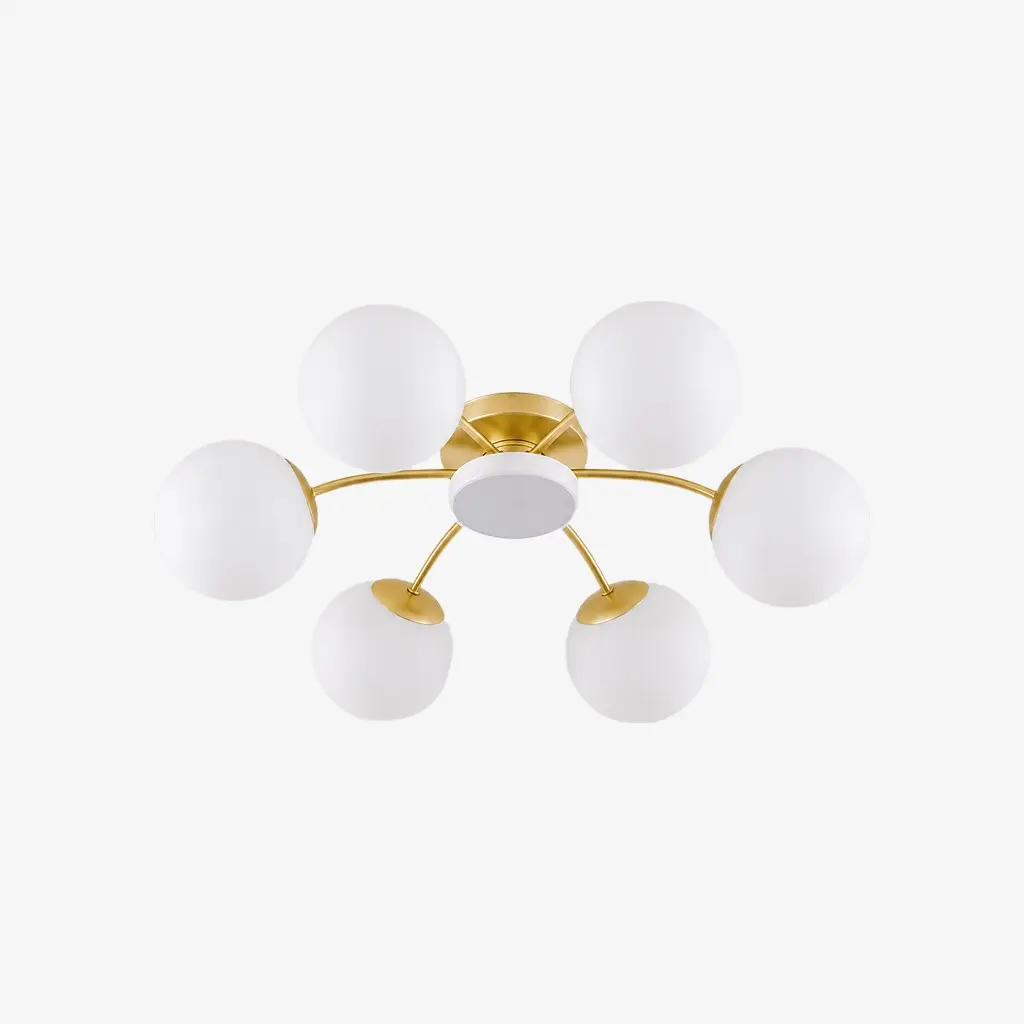 Plafoniera in vetro lattimo color oro con 6 più 1 teste