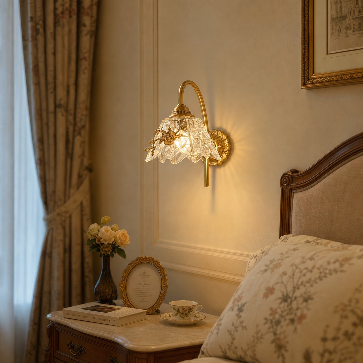 Applique murale florale française installée à côté d’une chambre classique