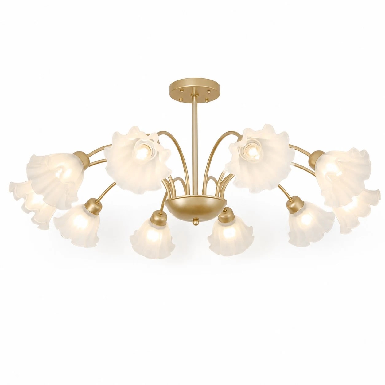 Lampadario in ferro a 10 bracci con decorazioni floreali in vetro.