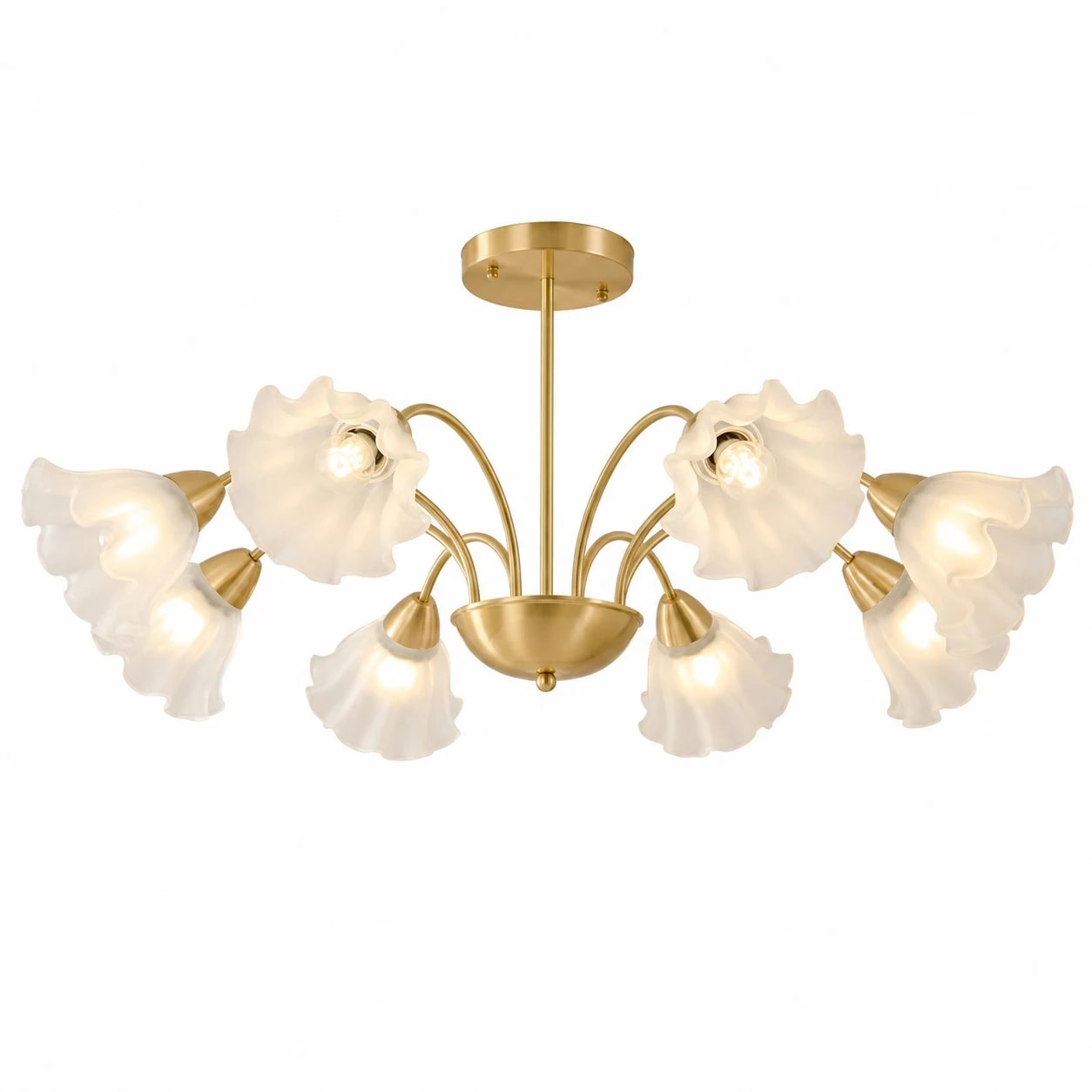Lampadario a 8 bracci in ottone massiccio con decorazioni floreali in vetro.