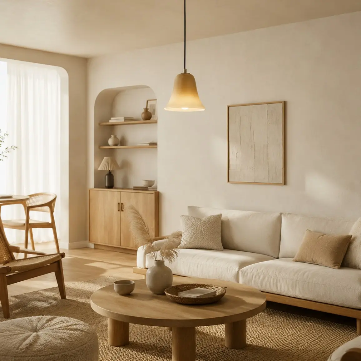Suspension beige latte dans un salon chaleureux et naturel