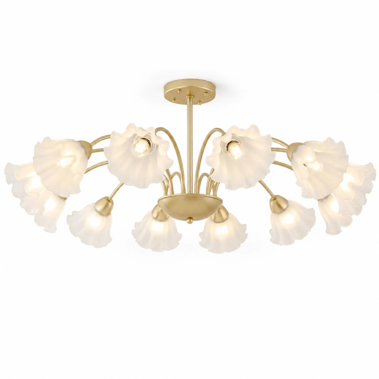 Lampadario in ferro a 12 bracci con decorazioni floreali in vetro.