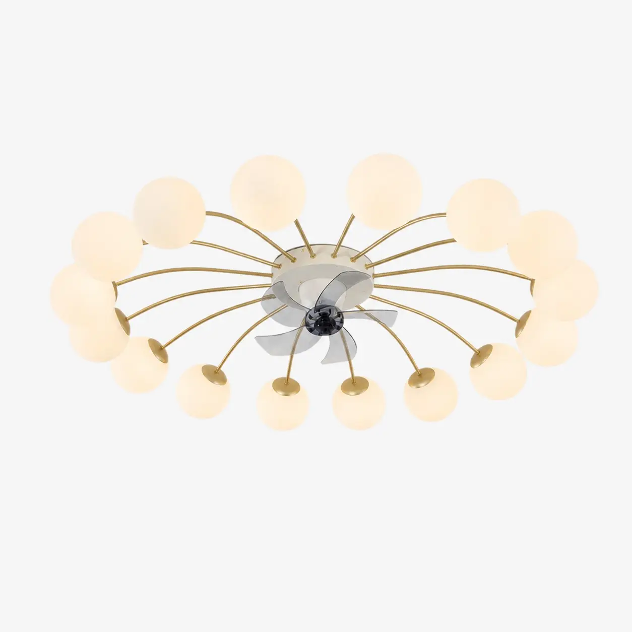 Ventilador de techo con luz, de hierro y cristal blanco y dorado, con 16 cabezales.