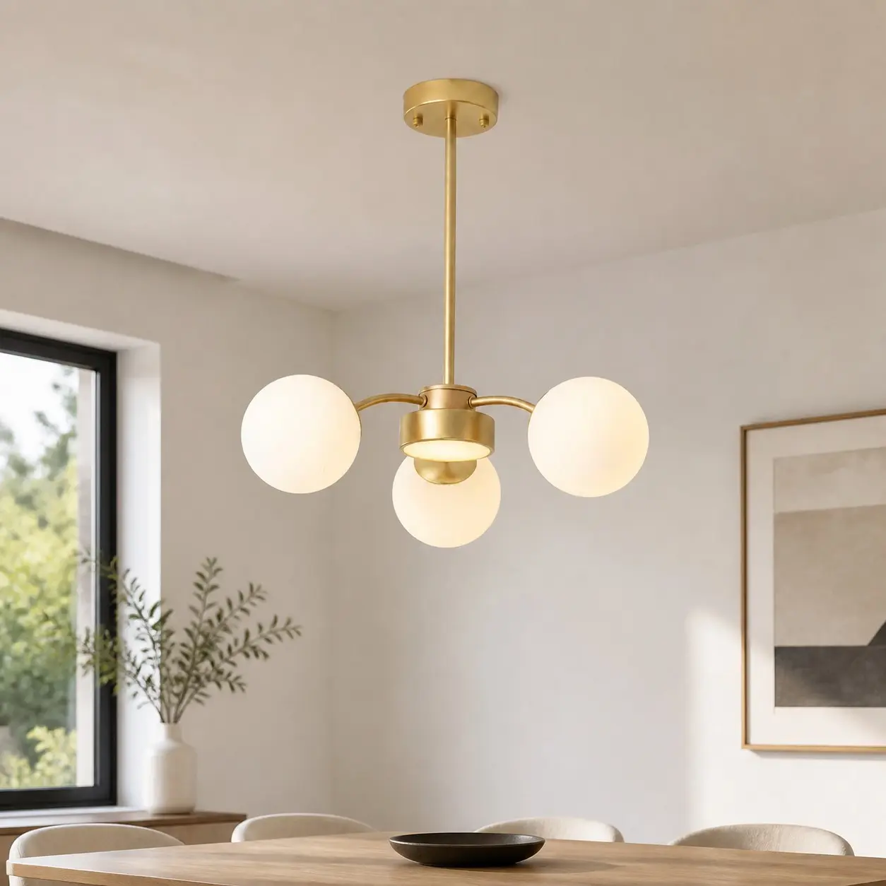 Kronleuchter aus Milchglas in einem modernen Esszimmer