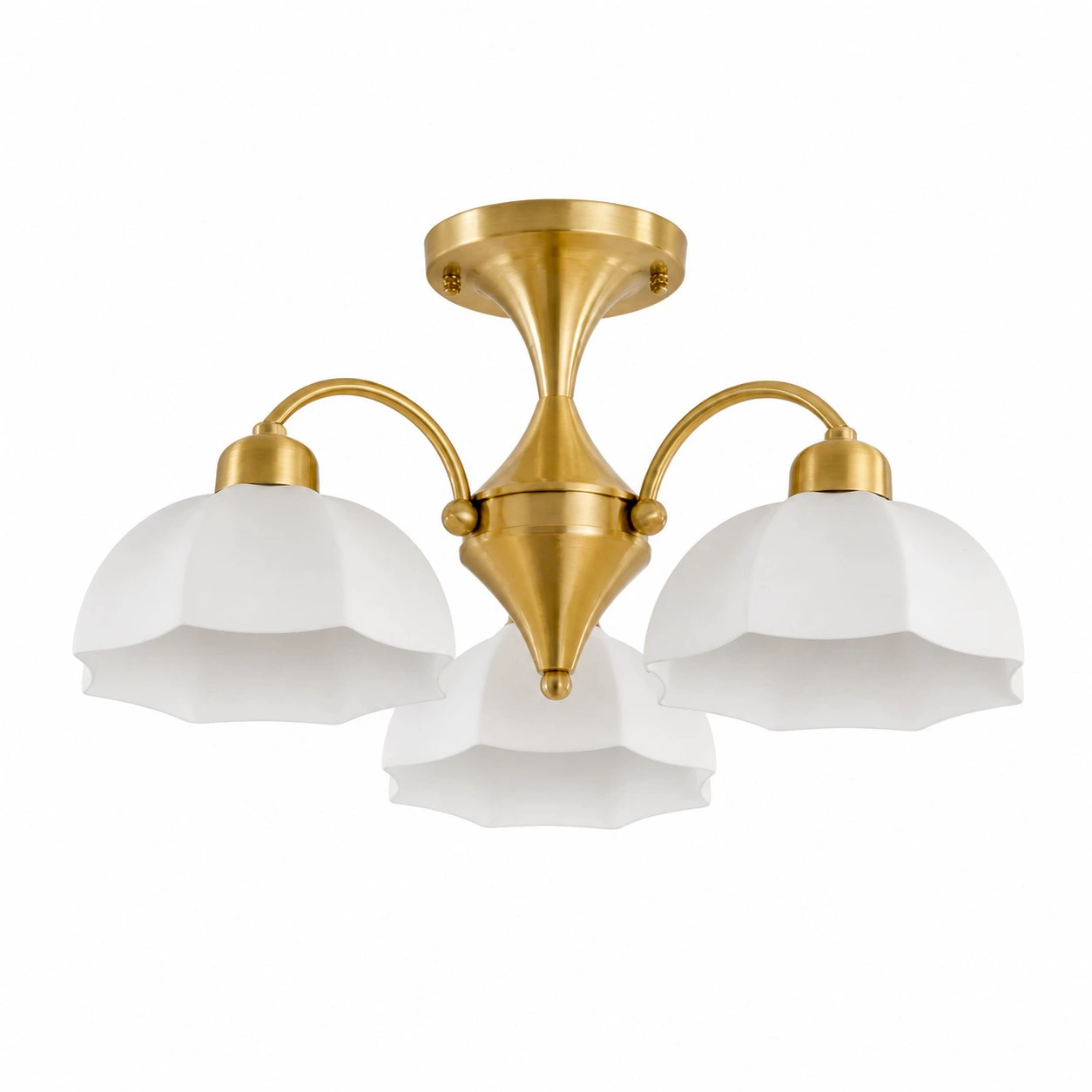 Lustre ancien en laiton à trois lumières avec abat-jour en verre blanc