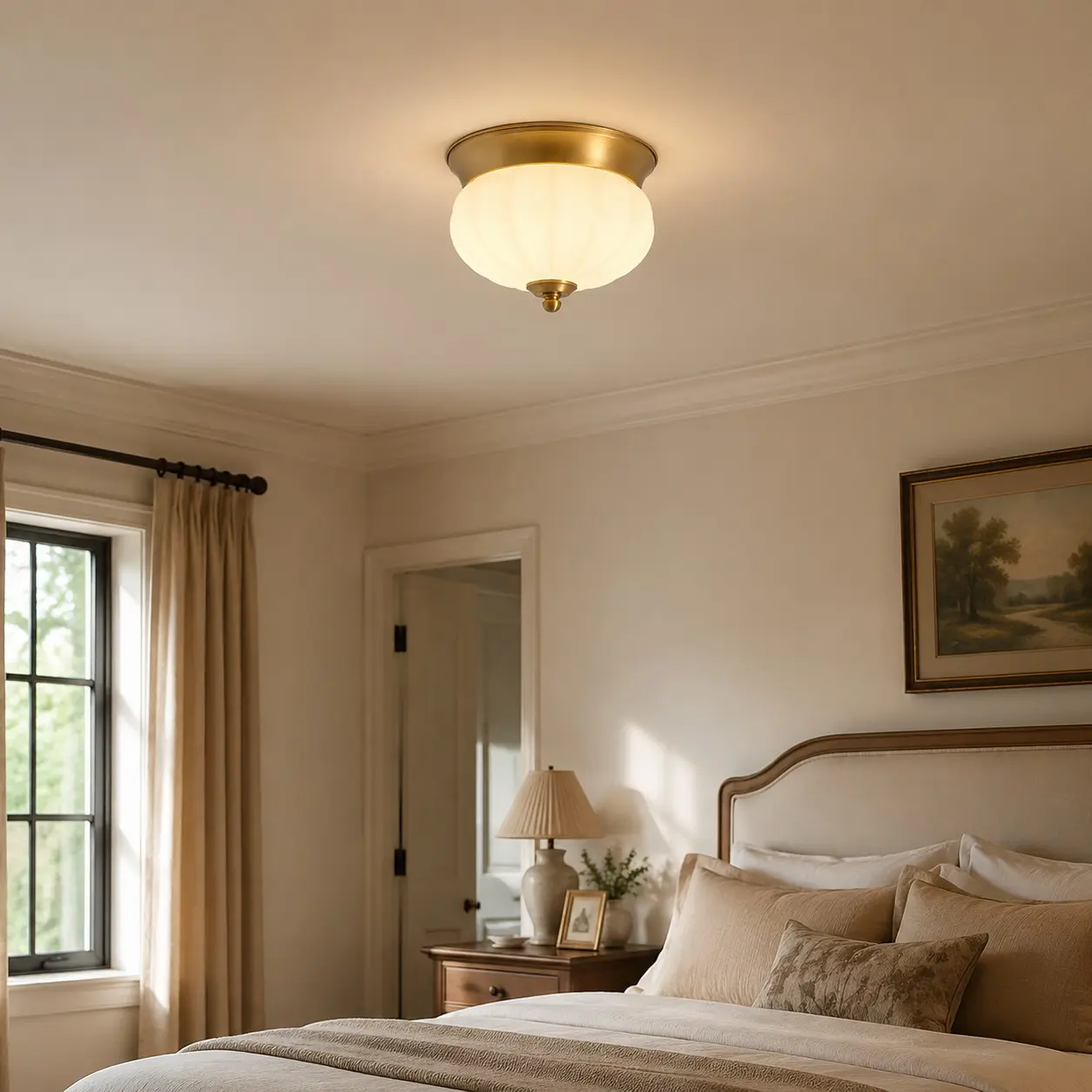 Plafonnier LED intégré en laiton dans une chambre neutre