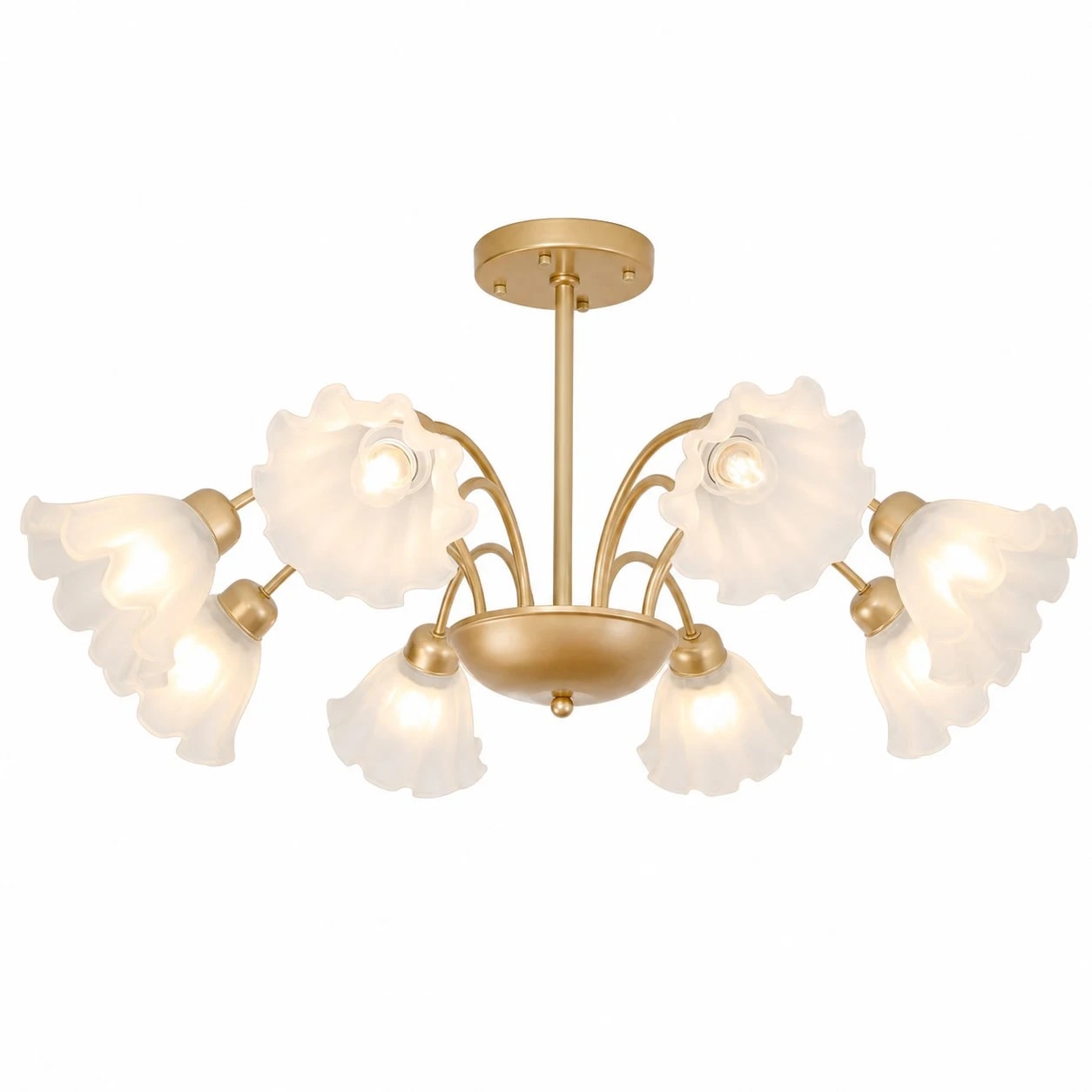 Lampadario in ferro a 8 bracci con decorazioni floreali in vetro.