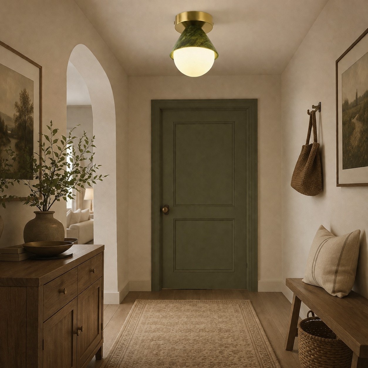 Green jade flush mount ceiling lamp installed near an entry door