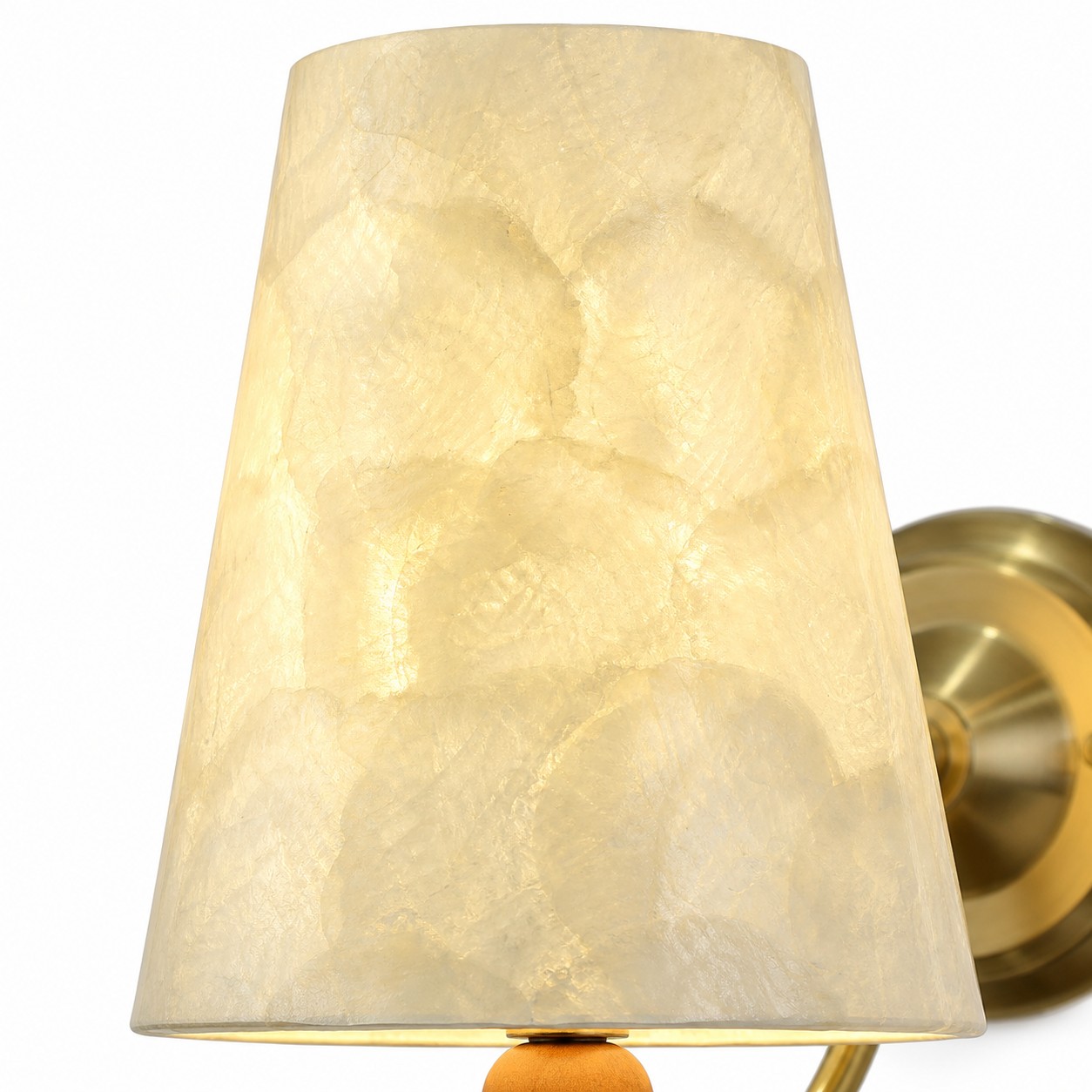 Close-up of Capiz shell wall sconce finish and shade detail