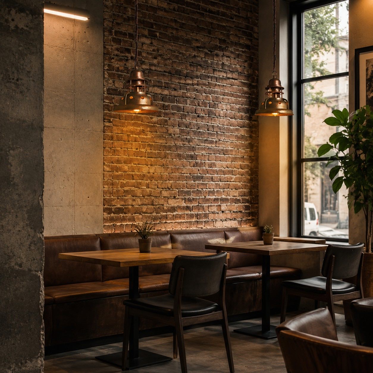 industrial pendant light above a dining table
