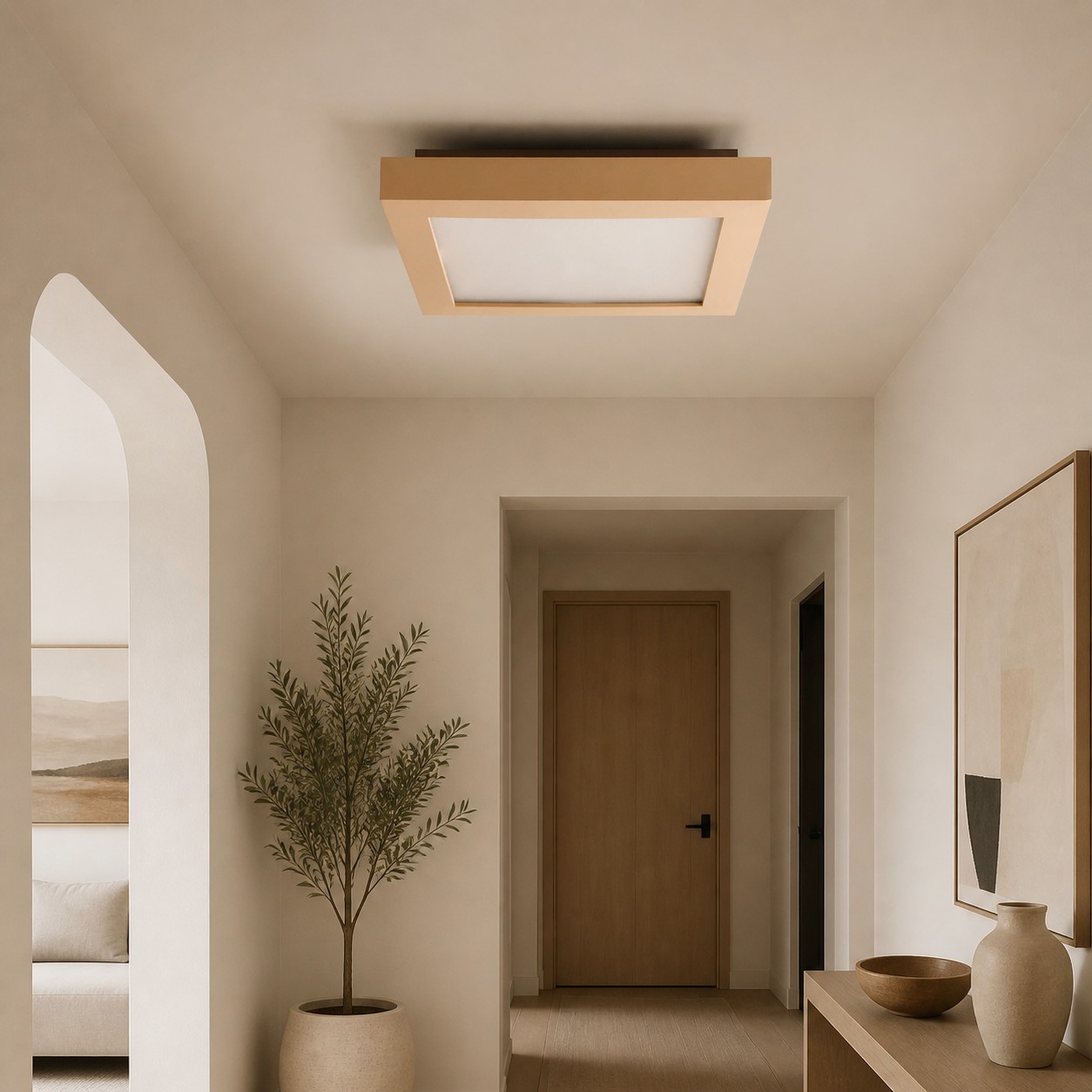 Krämfärgad fyrkantig taklampa installerad i entrén