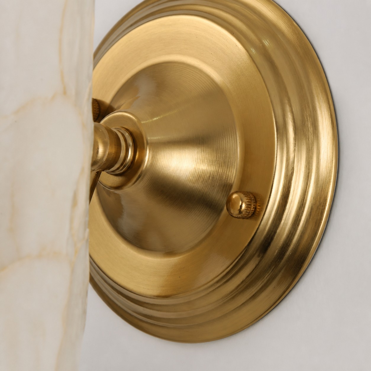 Close-up of polished brass-tone wall plate and curved arm
