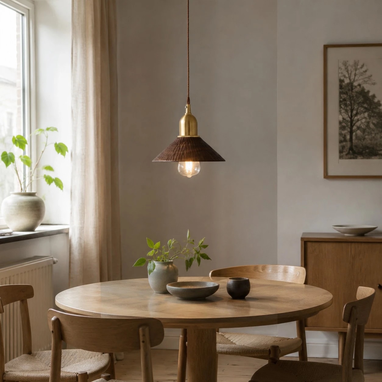 Black walnut pendant light above a round dining table
