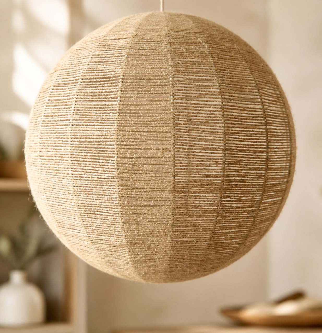 Vue rapprochée de l’abat-jour arrondi de la suspension en fibre naturelle