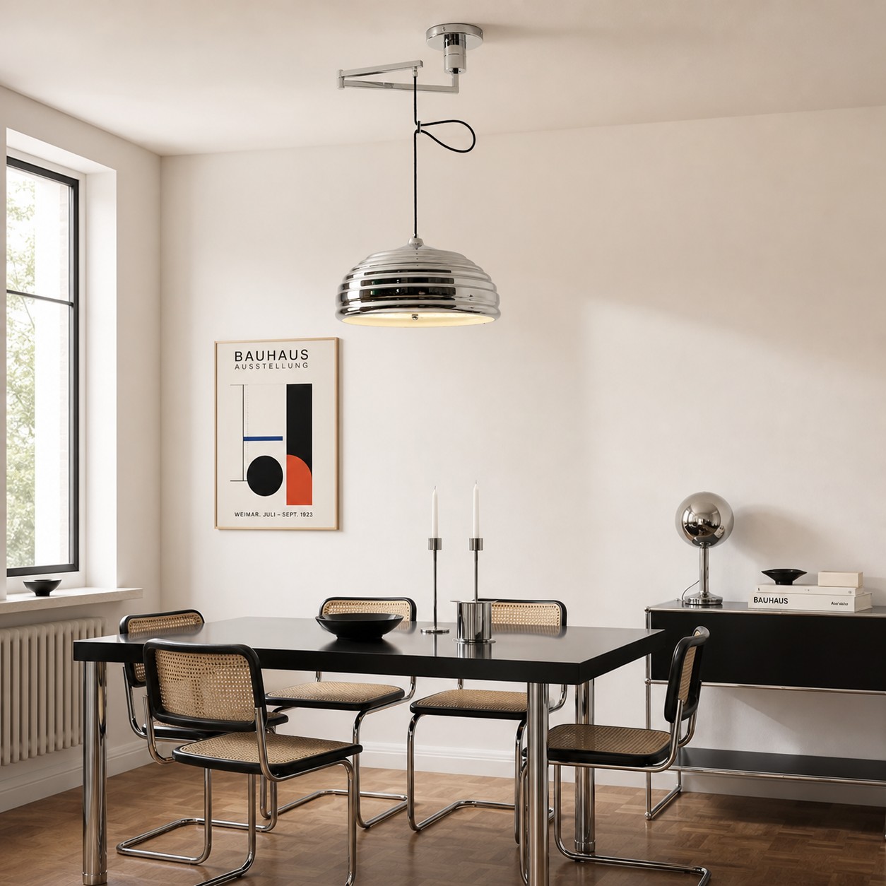 Polished chrome adjustable pendant light above a Bauhaus dining table