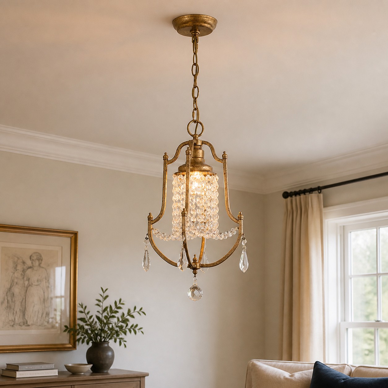 Crystal pendant light displayed in a classic living room