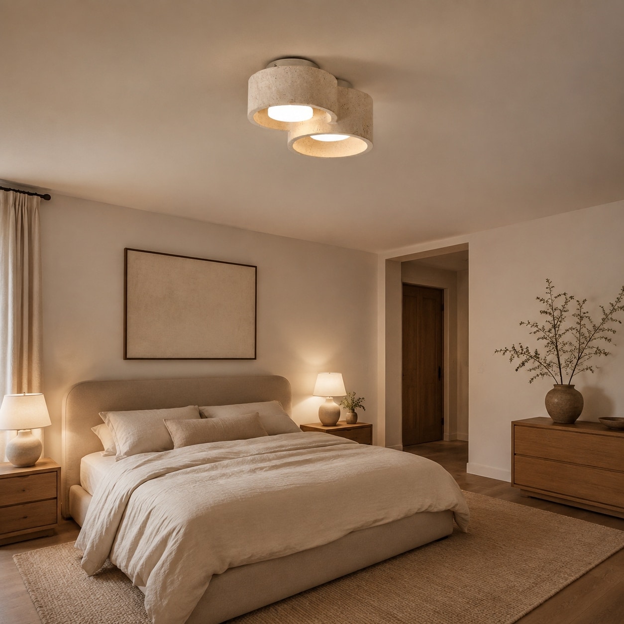 Two head travertine ceiling light in a calm bedroom