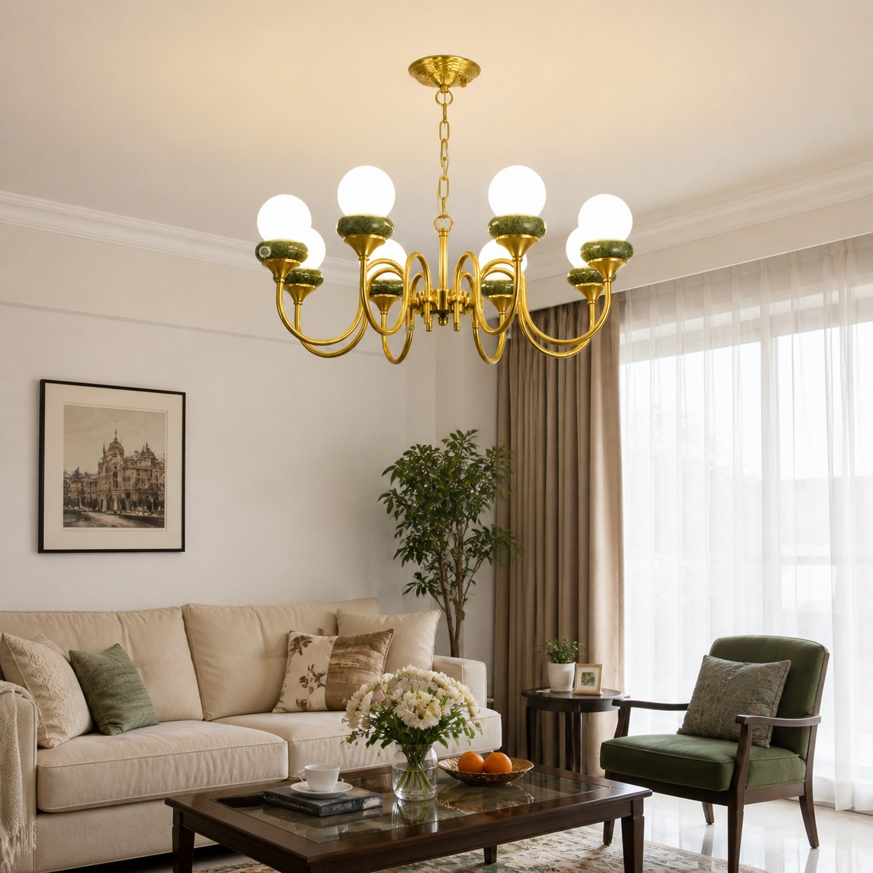 Green Jade Loop-Arm Chandelier in a room setting