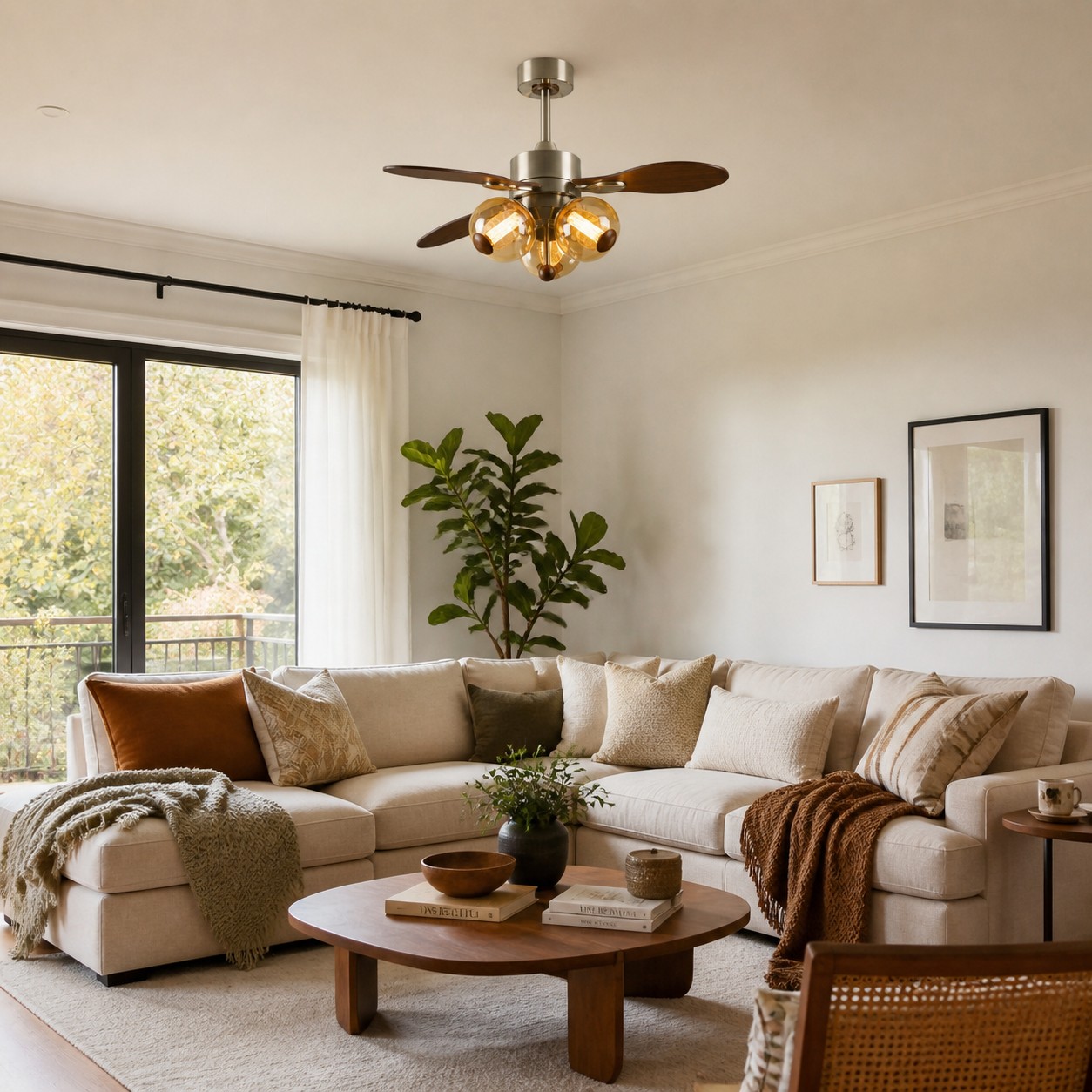 Walnut-Finish Wood Ceiling Fan with Light in a room setting