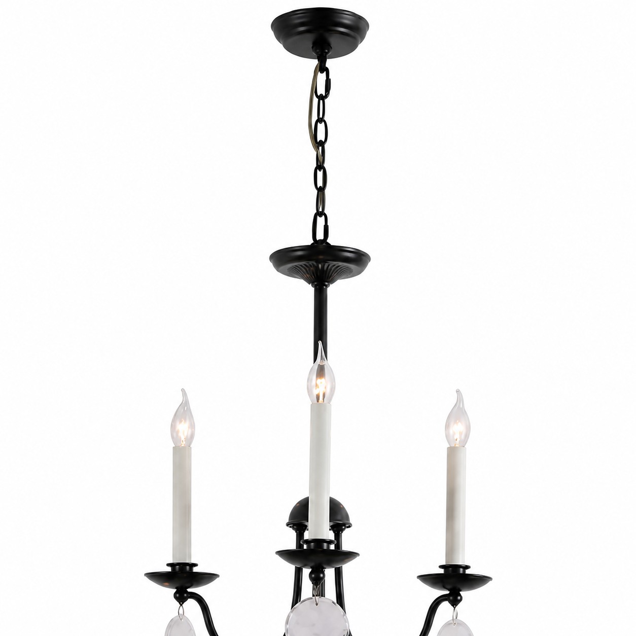 Black ceiling canopy, chain, and upper candle tier