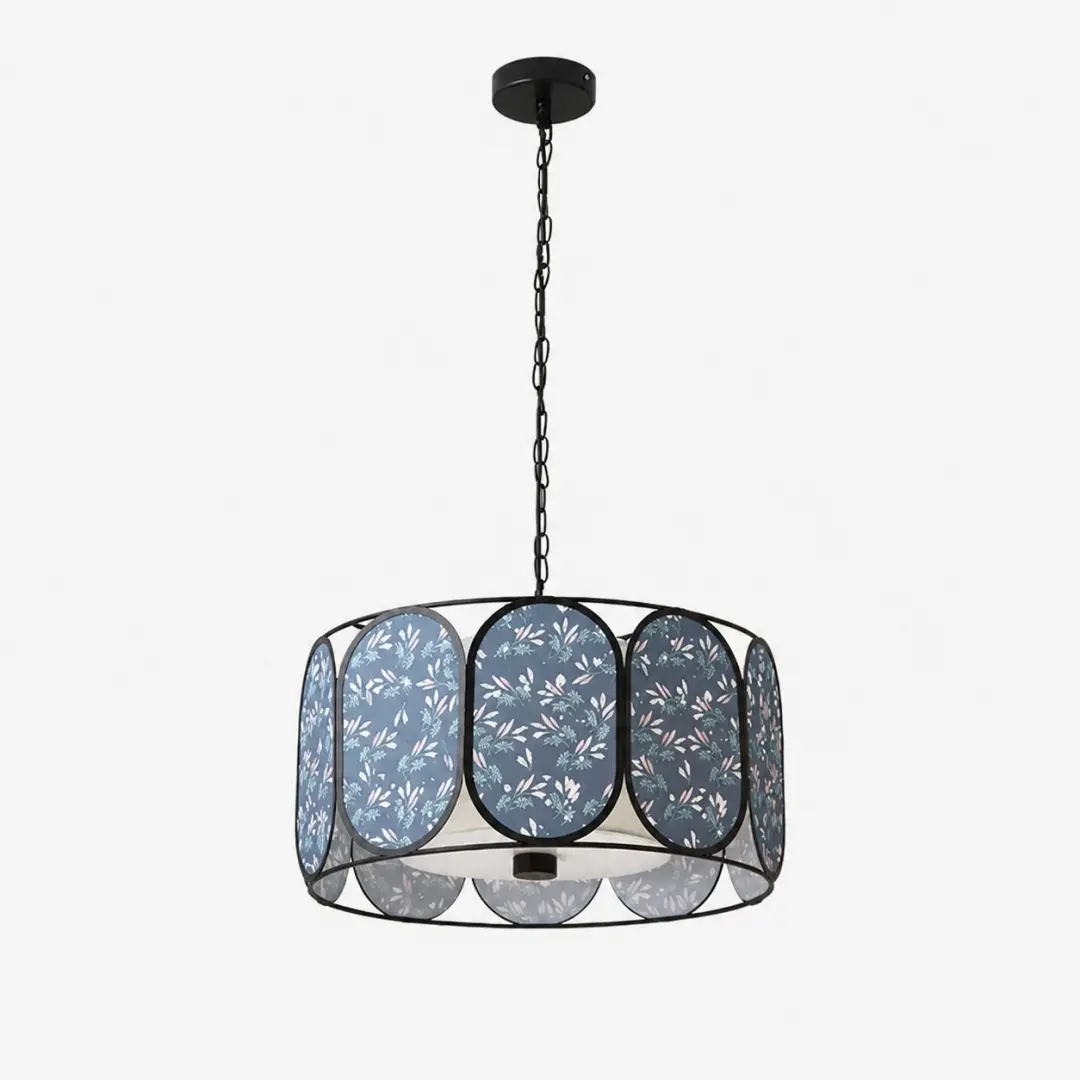 Blue floral fabric drum pendant light