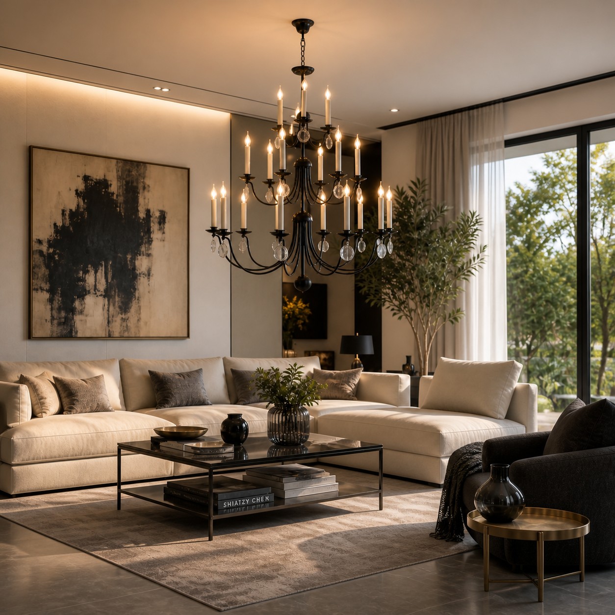 Three-tier black candle chandelier displayed in a modern living room