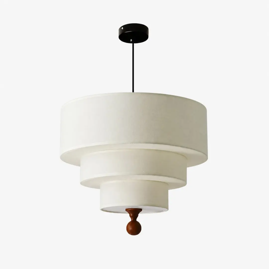 Lampadario a sospensione cilindrico in tessuto bianco a strati.