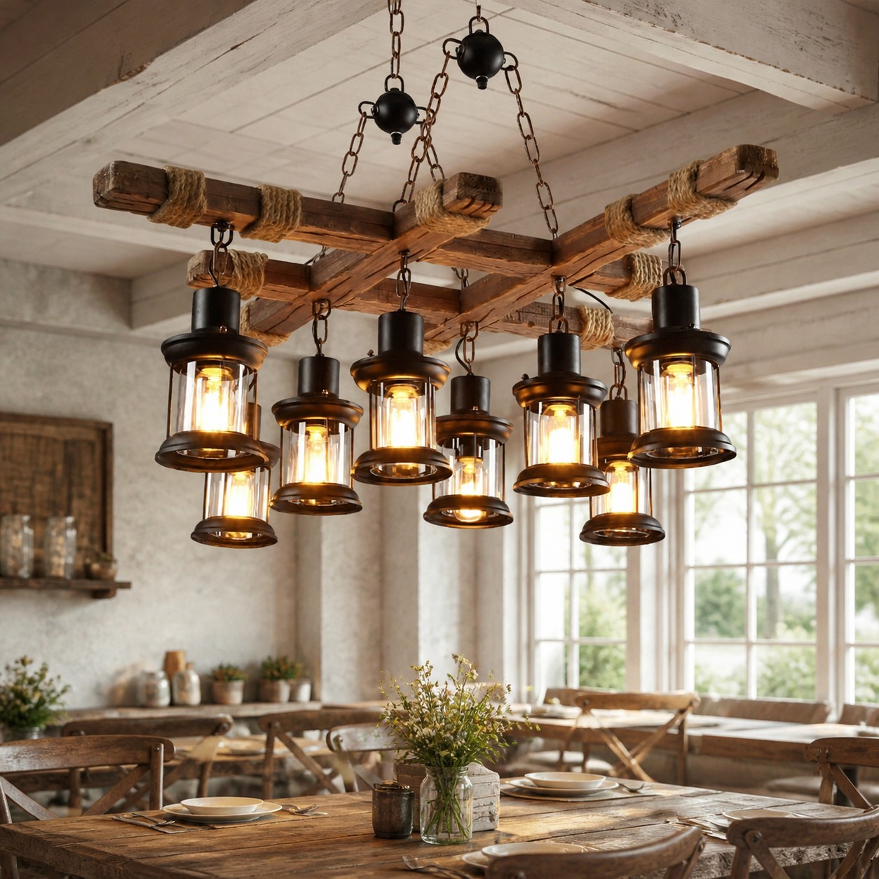 Rustic Wood Beam and Rope 8-Light Chandelier in a room setting