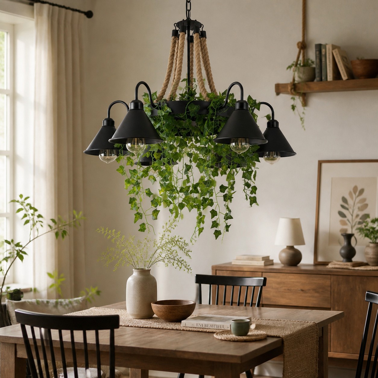 Rope and Greenery Wagon Wheel Chandelier in a room setting