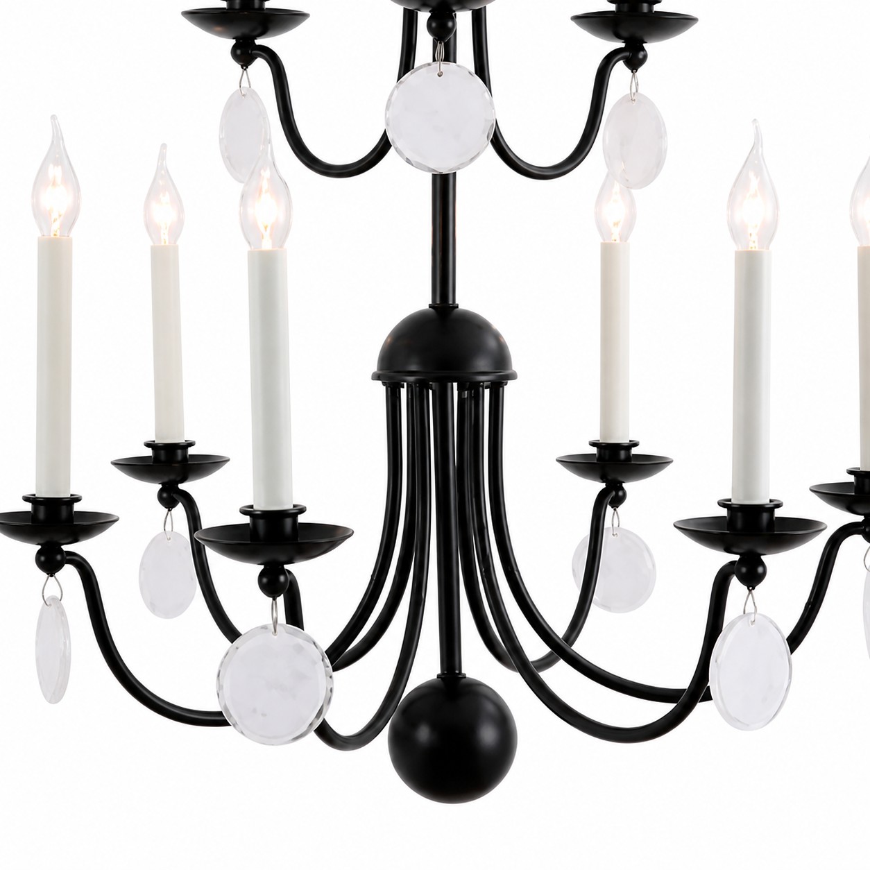 Curved black chandelier arms with clear crystal discs