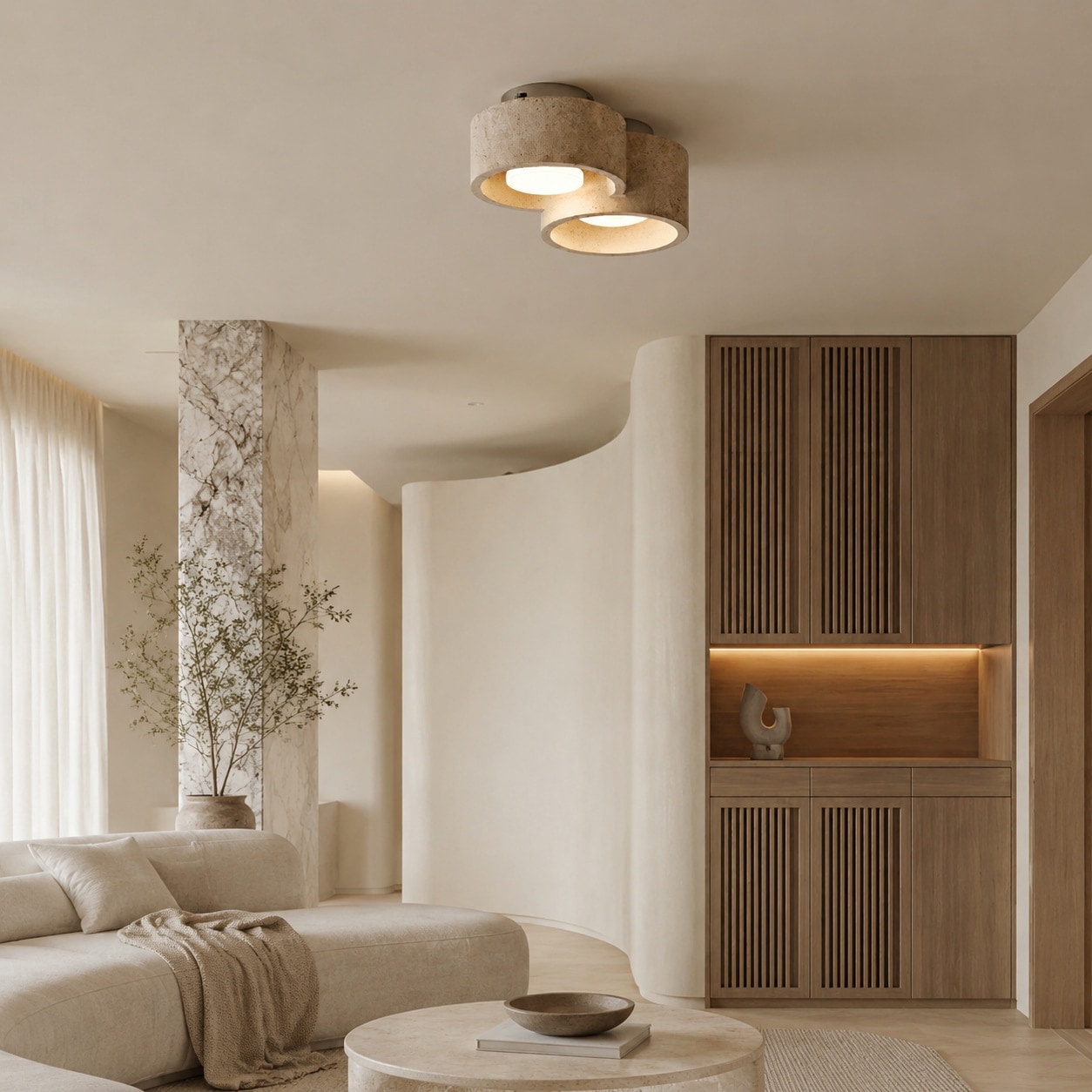 Two head travertine ceiling light in a warm living room
