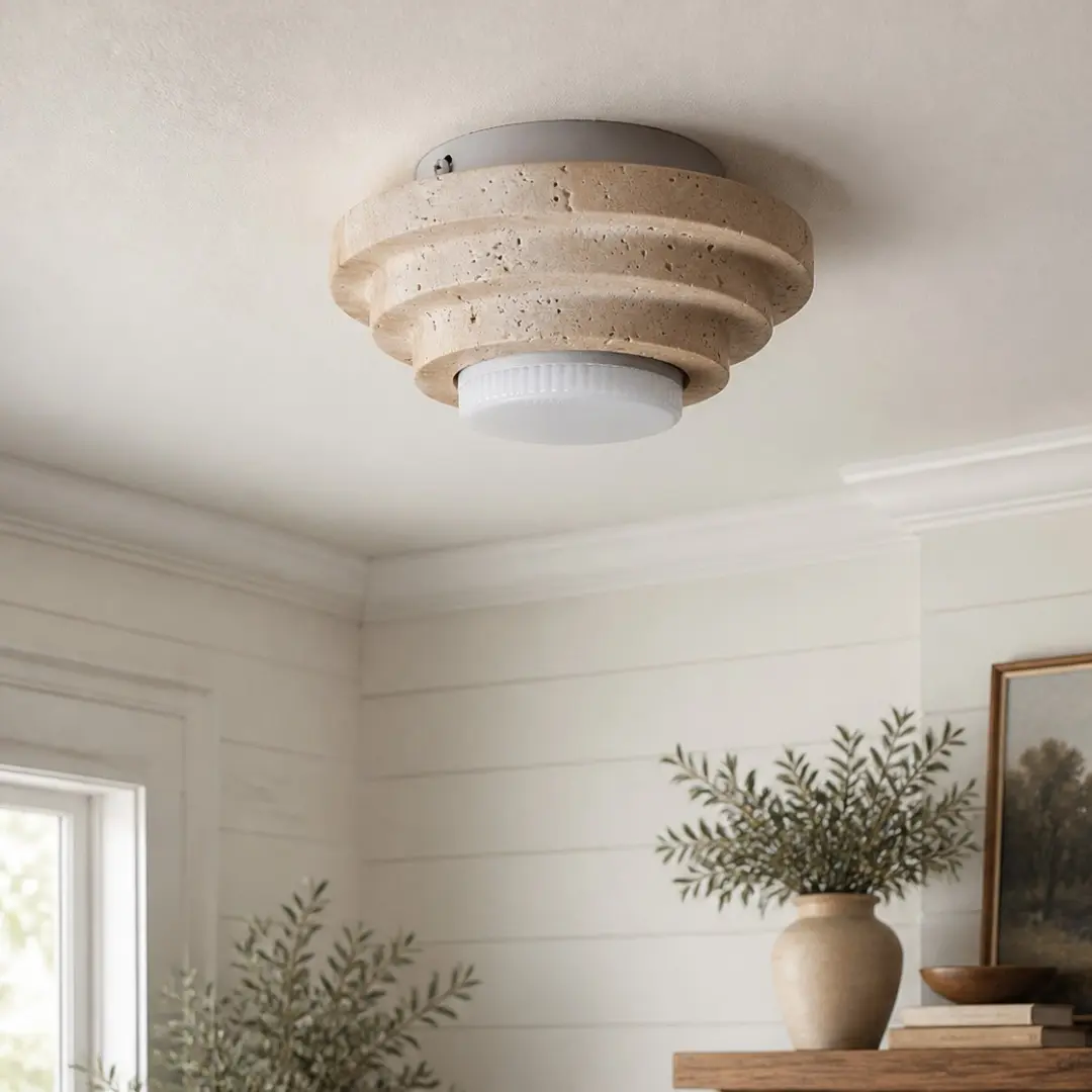 Beige travertine flush mount ceiling light in a bright interior