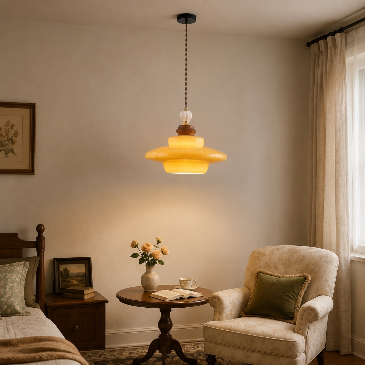 Caramel yellow glass pendant light in a quiet bedroom corner