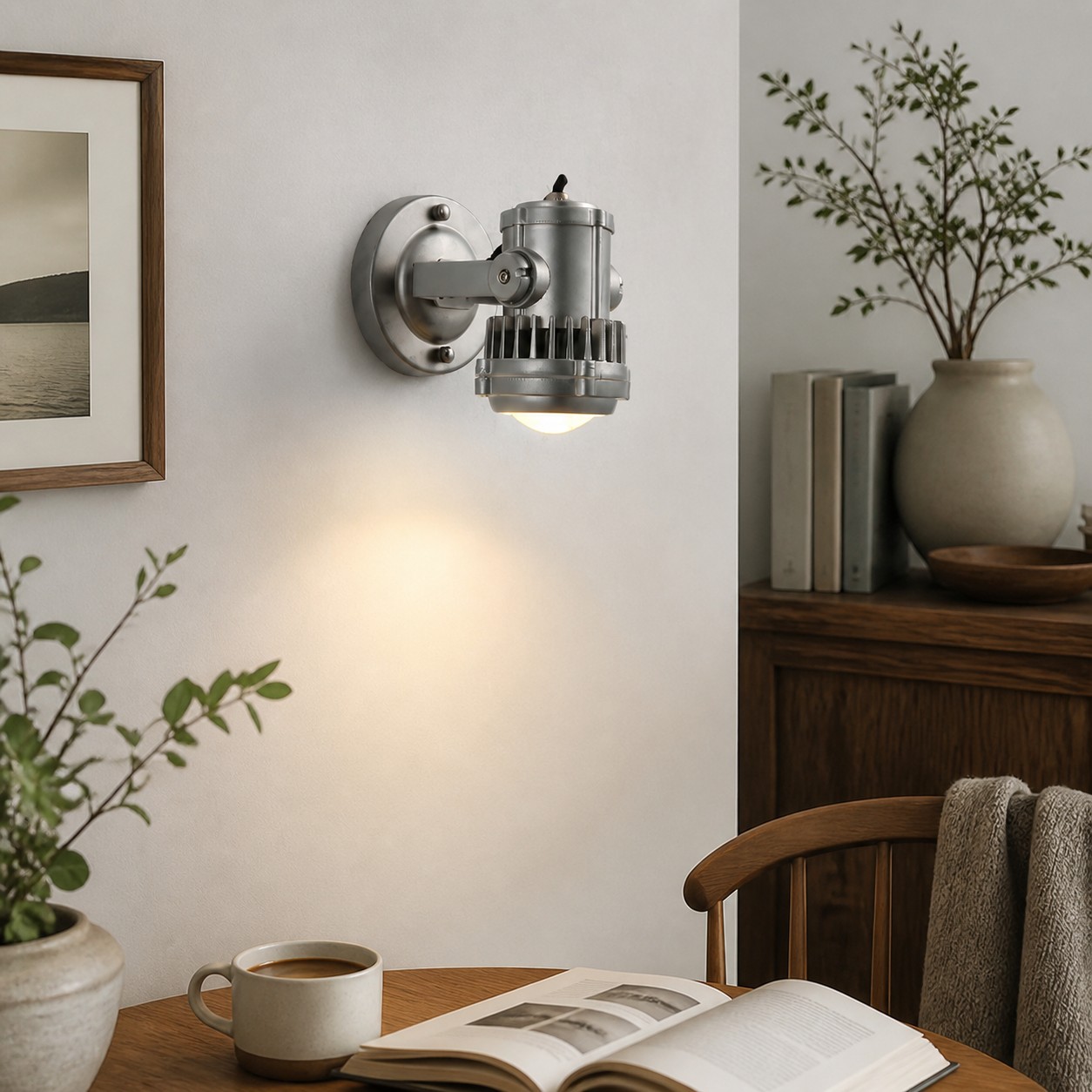 Brushed Silver Industrial Spotlight Wall Sconce in a room setting