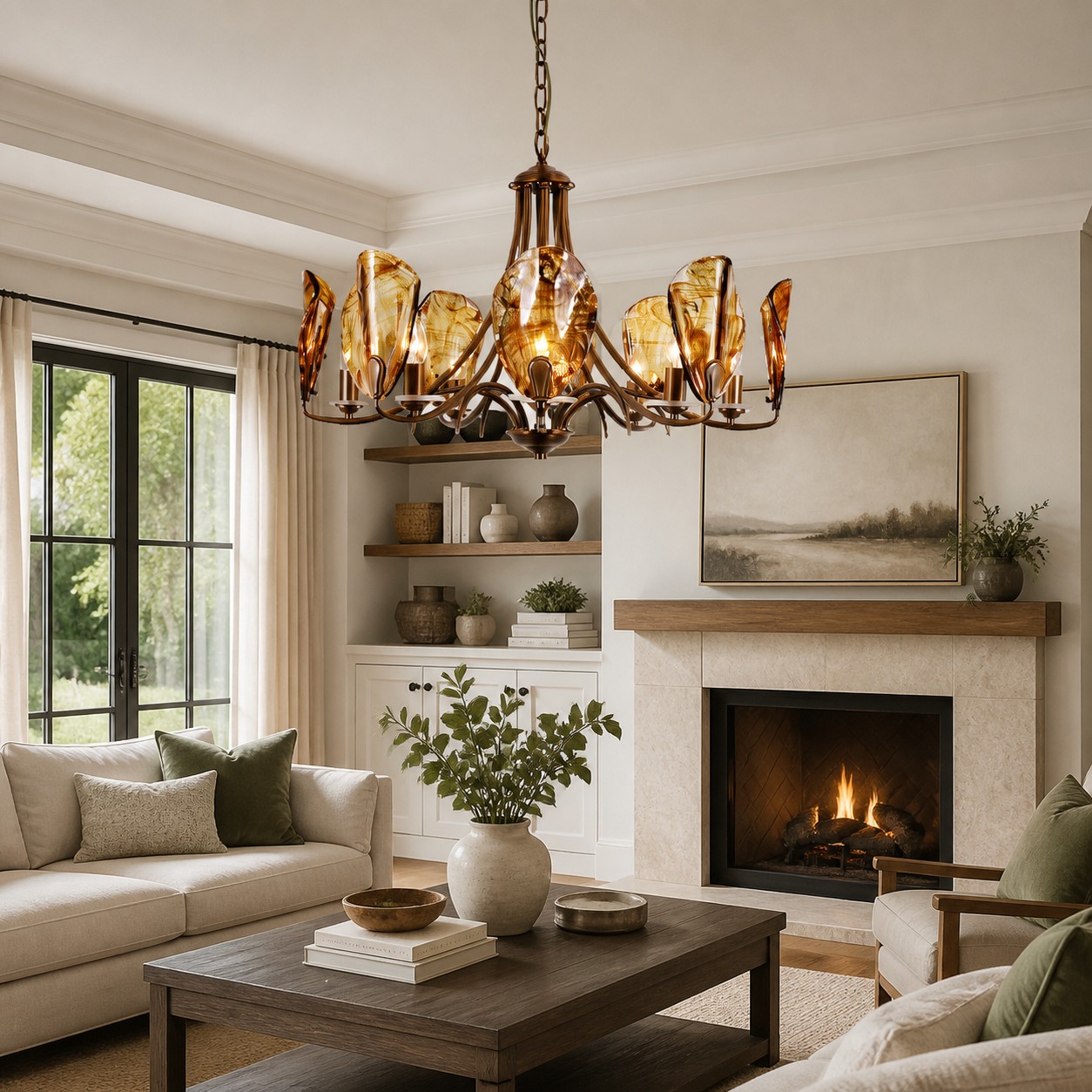 Amber Leaf Glass Brass Chandelier in an interior