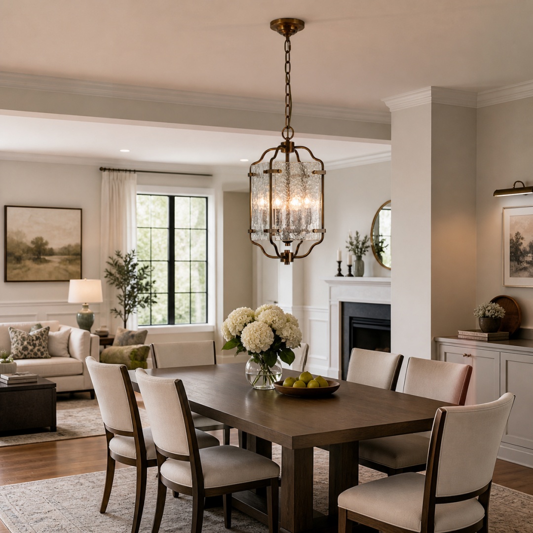 Brass and Pressed Glass Lantern Pendant Light in an interior