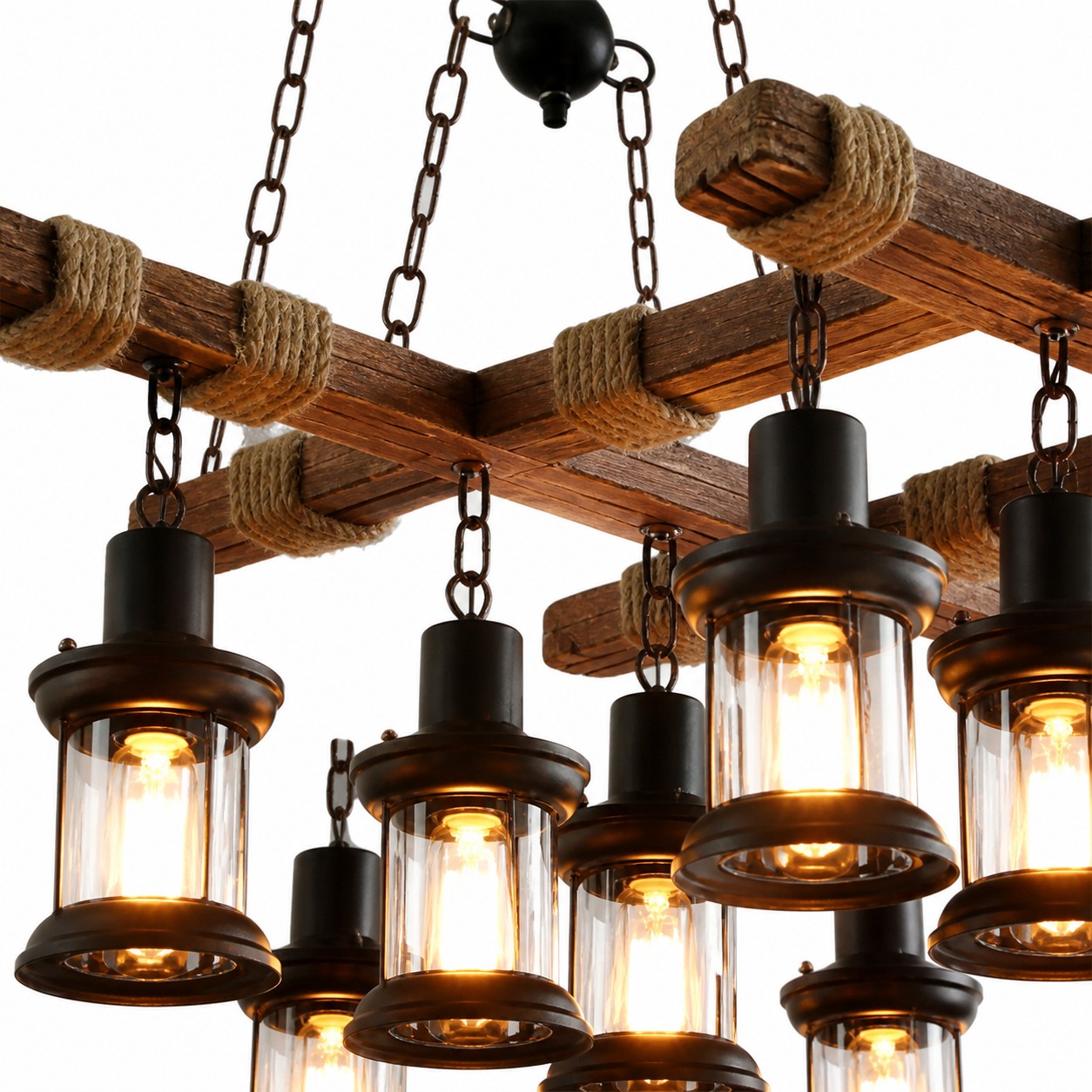 Lantern cluster beneath the rope-wrapped beams