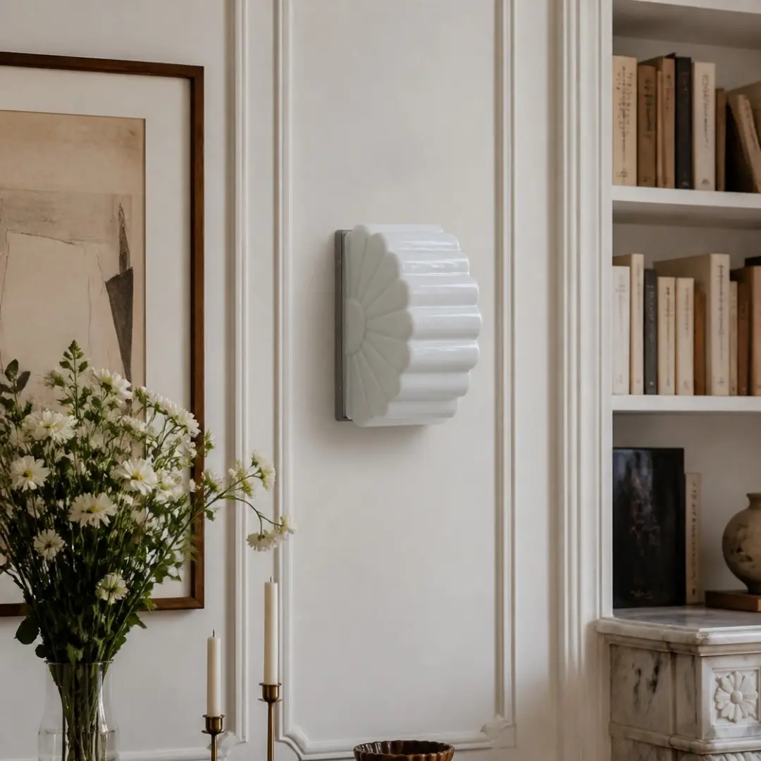 Pleated glass wall sconce in an elegant library interior